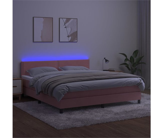 Conforama Cama Box Spring Colchón Y LED Terciopelo Rosa 180x200 Cm Liso Con Clavos