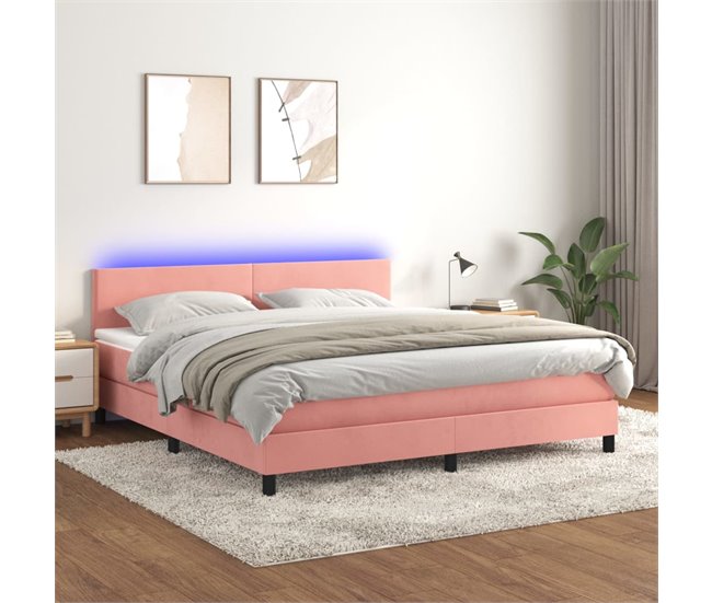 Conforama Cama Box Spring Colchón Y LED Terciopelo Rosa 180x200 Cm Diseño Plano