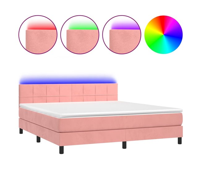 Conforama Cama box spring colchón y LED terciopelo rosa 180x200 cm Bloques con cuadros