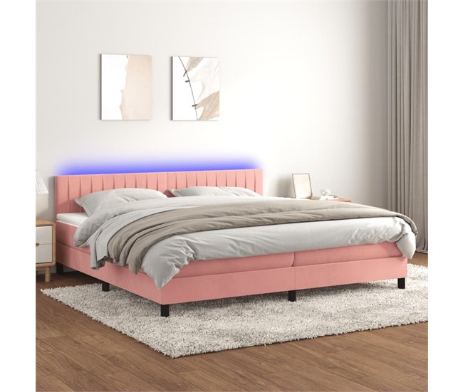 Conforama Cama Box Spring Colchón Y LED Terciopelo Rosa 200x200 Cm Rayas Verticales