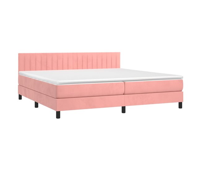 Conforama Cama Box Spring Colchón Y LED Terciopelo Rosa 200x200 Cm Rayas Verticales