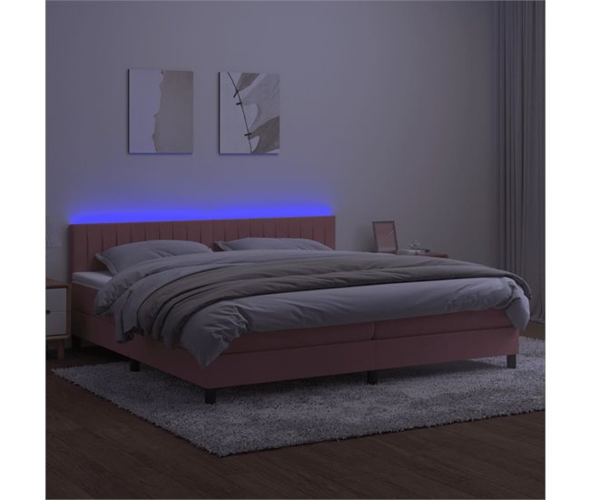 Conforama Cama Box Spring Colchón Y LED Terciopelo Rosa 200x200 Cm Rayas Verticales
