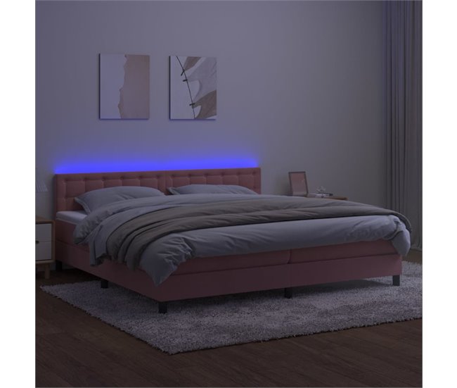Conforama Cama Box Spring Colchón Y LED Terciopelo Rosa 200x200 Cm Botones