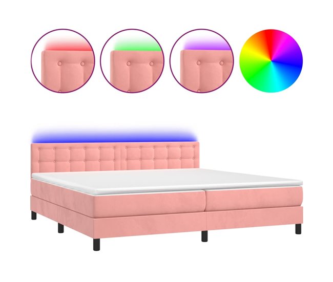 Conforama Cama box spring colchón y LED terciopelo rosa 200x200 cm Botones