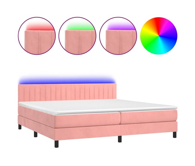Conforama Cama box spring colchón y LED terciopelo rosa 200x200 cm Rayas verticales