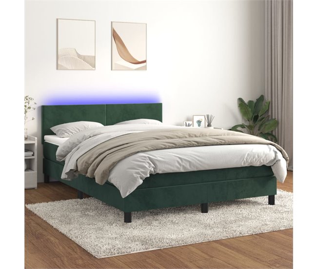 Conforama Cama Box Spring Colchón Y LED Terciopelo Verde Oscuro 140x200cm Diseño Plano