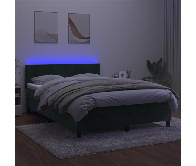 Conforama Cama Box Spring Colchón Y LED Terciopelo Verde Oscuro 140x200cm Diseño Plano