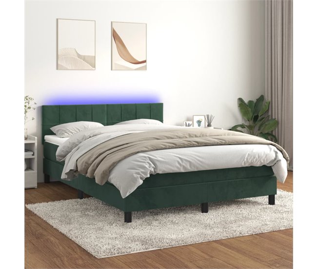 Conforama Cama Box Spring Colchón Y LED Terciopelo Verde Oscuro 140x200cm Bloques Con Cuadros