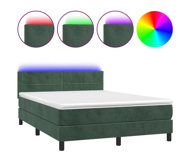 Conforama Cama box spring colchón y LED terciopelo verde oscuro 140x200cm Bloques con cuadros