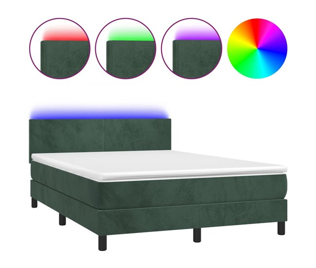 Conforama Cama box spring colchón y LED terciopelo verde oscuro 140x200cm Diseño plano