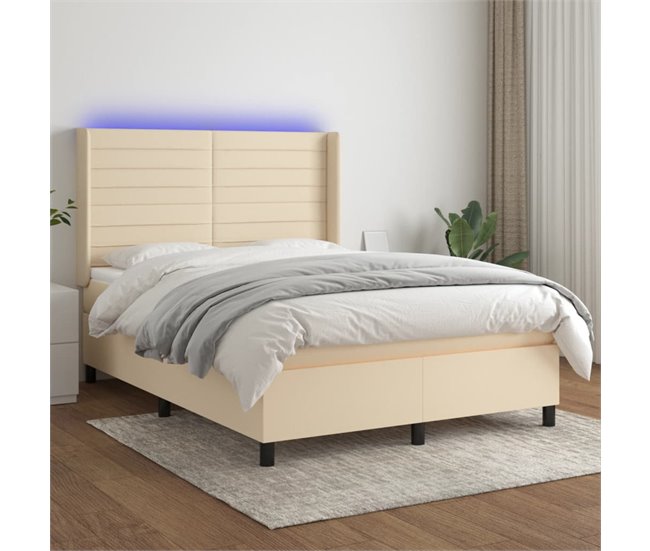 Conforama Cama Box Spring Colchón Y Luces LED Tela Crema 140x190 Cm Rayas Horizontales