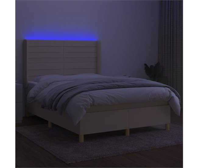 Conforama Cama Box Spring Colchón Y Luces LED Tela Crema 140x190 Cm Rayas Horizontales