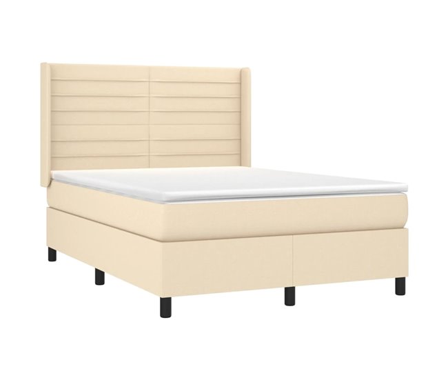 Conforama Cama Box Spring Colchón Y Luces LED Tela Crema 140x190 Cm Rayas Horizontales