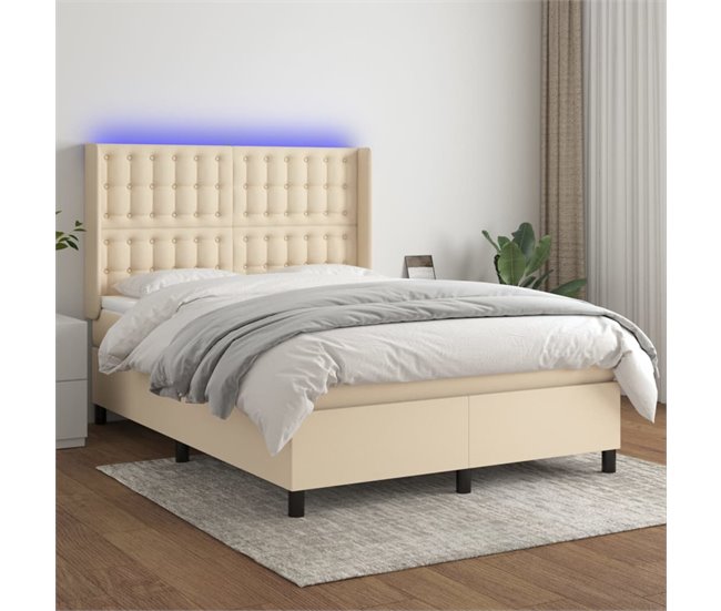 Conforama Cama Box Spring Colchón Y Luces LED Tela Crema 140x190 Cm Botones