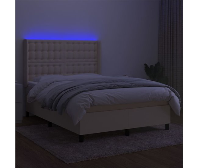 Conforama Cama Box Spring Colchón Y Luces LED Tela Crema 140x190 Cm Botones