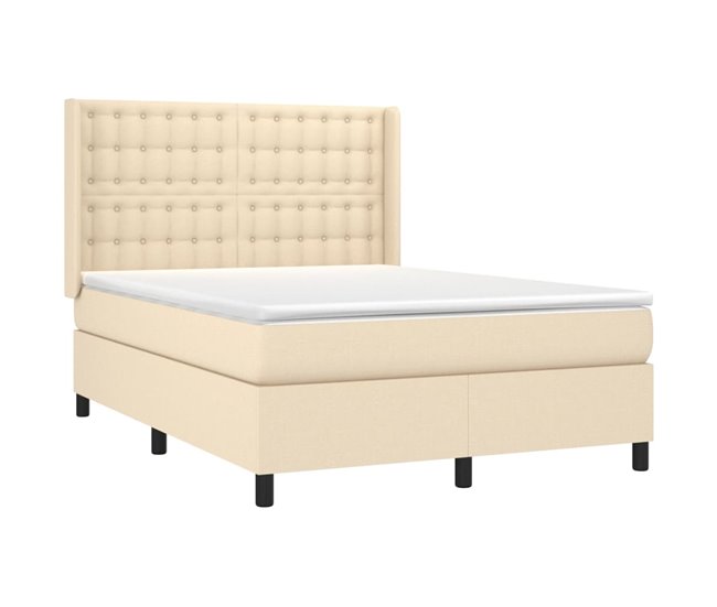 Conforama Cama Box Spring Colchón Y Luces LED Tela Crema 140x190 Cm Botones