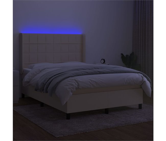 Conforama Cama Box Spring Colchón Y Luces LED Tela Crema 140x190 Cm Bloques Con Cuadros