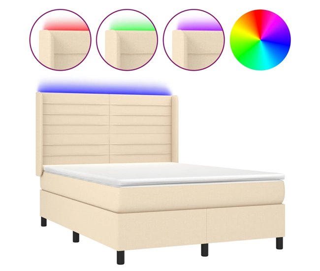 Conforama Cama box spring colchón y luces LED tela crema 140x190 cm Rayas horizontales