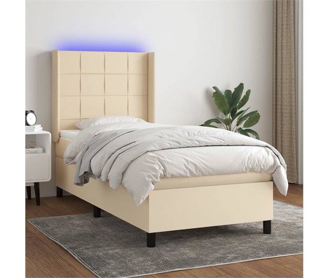 Conforama Cama Box Spring Colchón Y Luces LED Tela Crema 90x200 Cm Bloques Con Cuadros