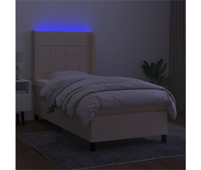Conforama Cama Box Spring Colchón Y Luces LED Tela Crema 90x200 Cm Bloques Con Cuadros