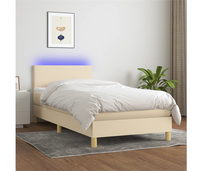 Conforama Cama Box Spring Colchón Y Luces LED Tela Crema 90x200 Cm Diseño Plano