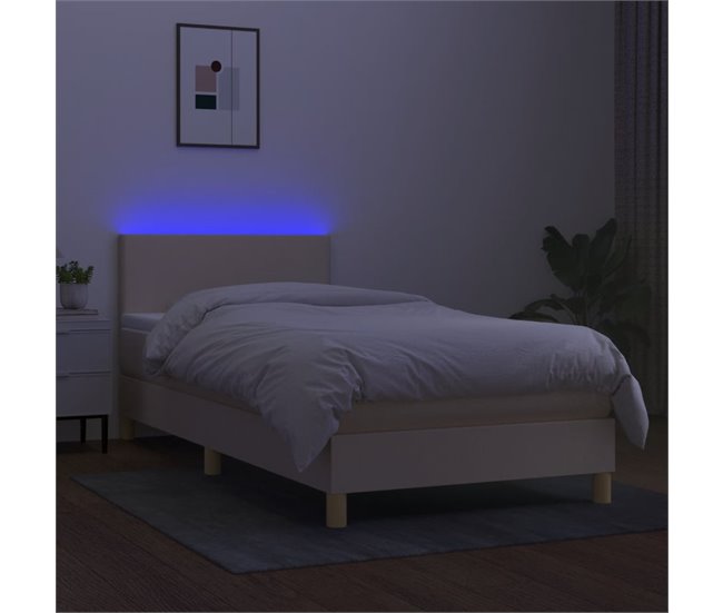 Conforama Cama Box Spring Colchón Y Luces LED Tela Crema 90x200 Cm Diseño Plano