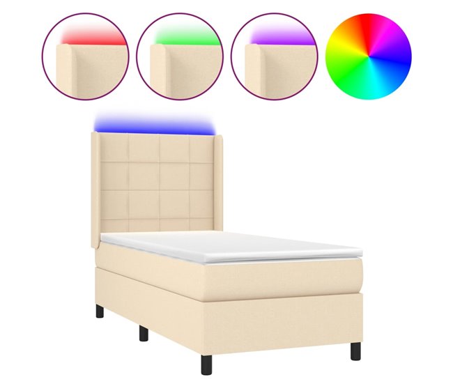 Conforama Cama box spring colchón y luces LED tela crema 90x200 cm Bloques con cuadros