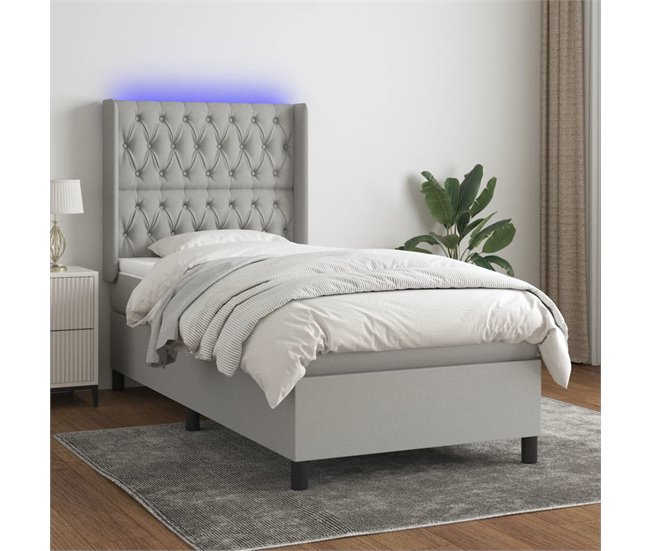 Conforama Cama Box Spring Colchón Y Luces LED Tela Gris Claro 100x200 Cm Diseño De Botones