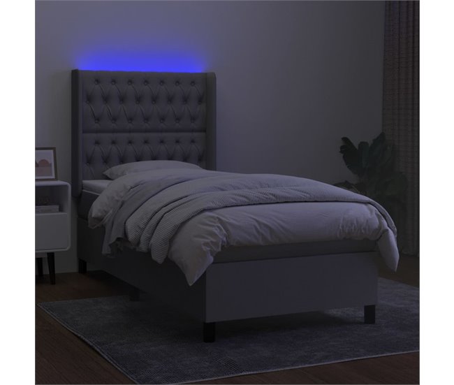 Conforama Cama Box Spring Colchón Y Luces LED Tela Gris Claro 90x190 Cm Diseño De Botones