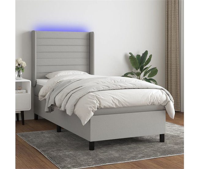 Conforama Cama Box Spring Colchón Y Luces LED Tela Gris Claro 90x190 Cm Rayas Horizontales