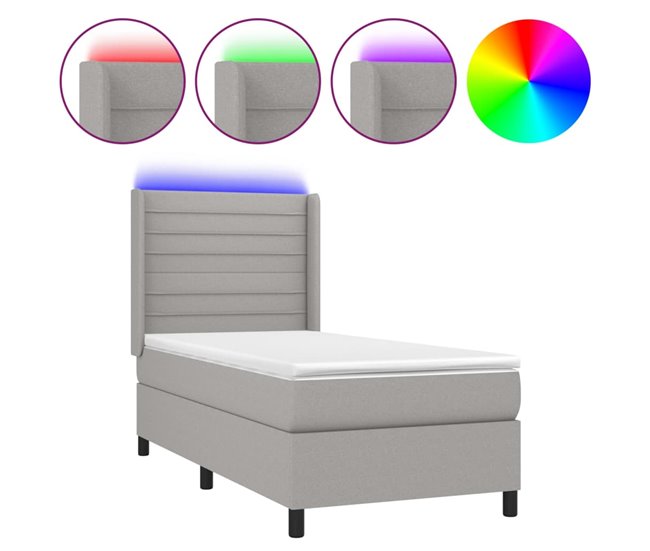 Conforama Cama box spring colchón y luces LED tela gris claro 90x190 cm Rayas horizontales