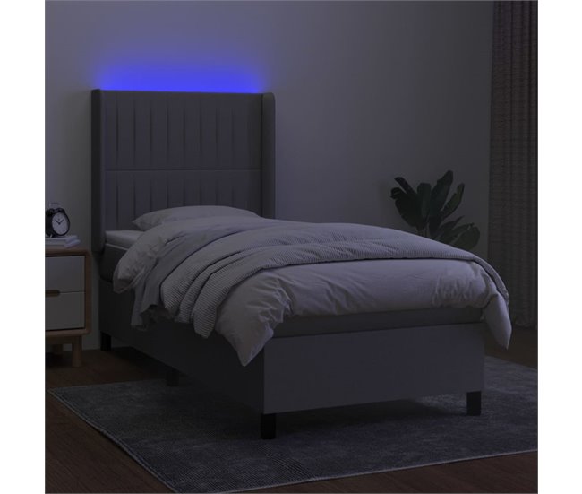 Conforama Cama Box Spring Colchón Y Luces LED Tela Gris Claro 100x200 Cm Rayas Verticales