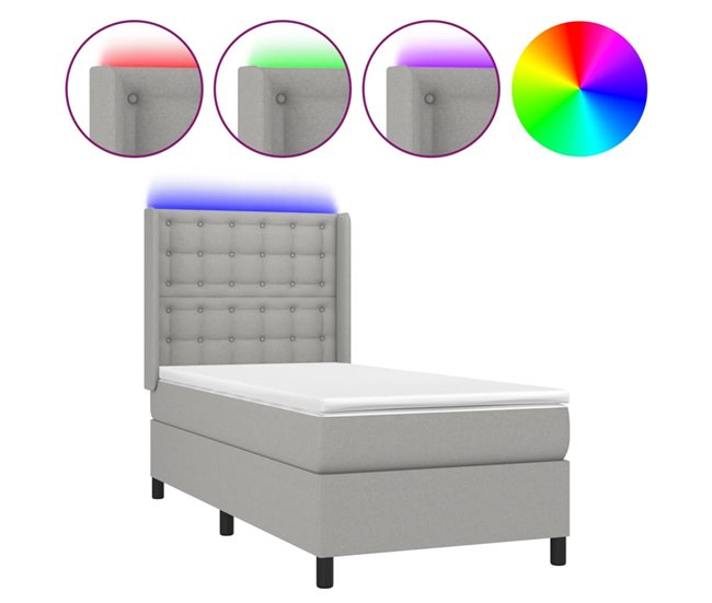 Conforama Cama box spring colchón y luces LED tela gris claro 90x200 cm Botones