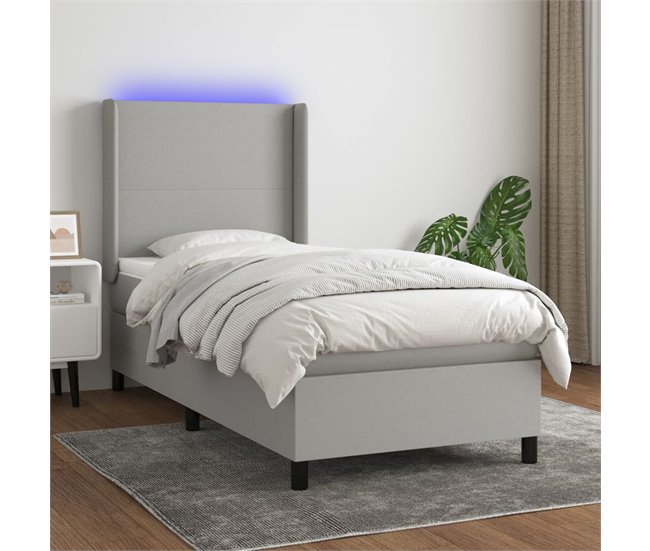 Conforama Cama Box Spring Colchón Y Luces LED Tela Gris Claro 90x200 Cm Diseño Plano