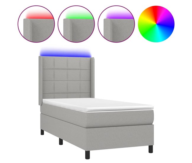 Conforama Cama box spring colchón y luces LED tela gris claro 100x200 cm Bloques con cuadros