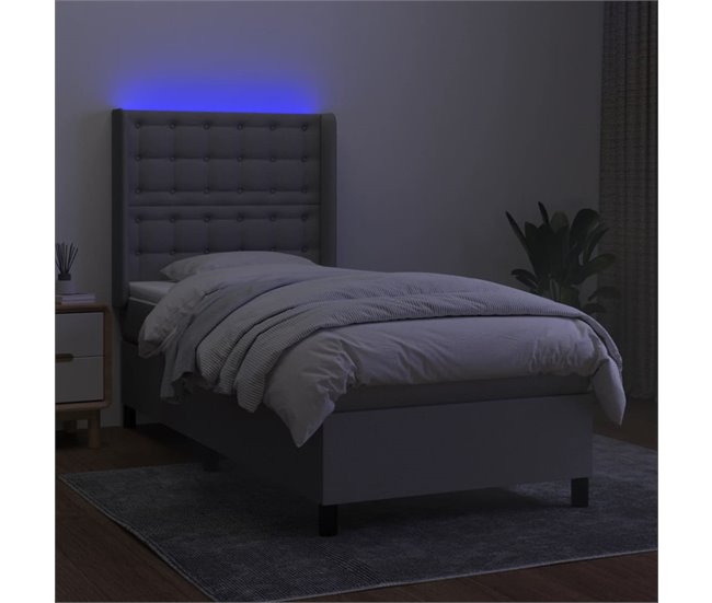 Conforama Cama Box Spring Colchón Y Luces LED Tela Gris Claro 80x200 Cm Botones