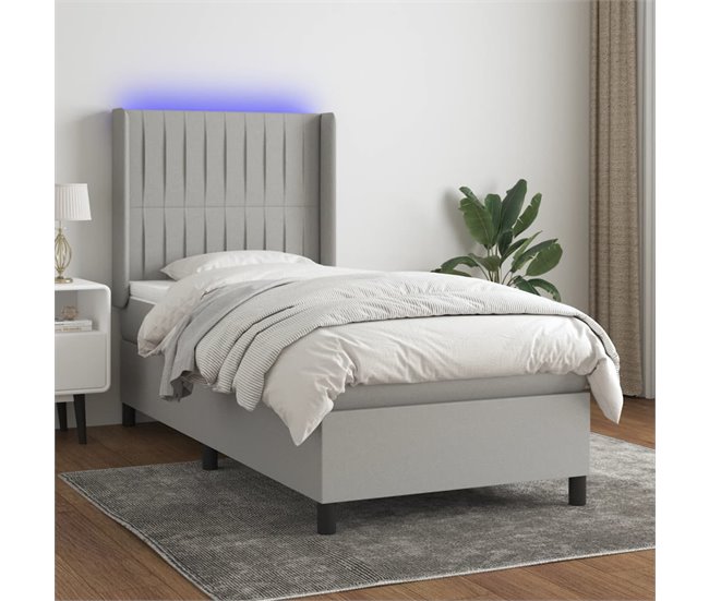 Conforama Cama Box Spring Colchón Y Luces LED Tela Gris Claro 80x200 Cm Rayas Verticales