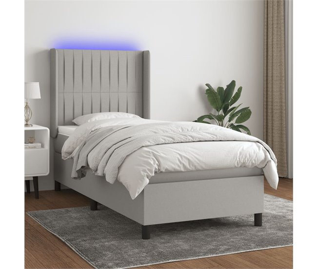 Conforama Cama Box Spring Colchón Y Luces LED Tela Gris Claro 90x200 Cm Rayas Verticales