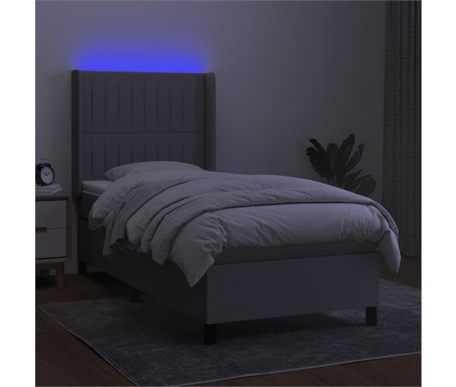 Conforama Cama Box Spring Colchón Y Luces LED Tela Gris Claro 90x200 Cm Rayas Verticales