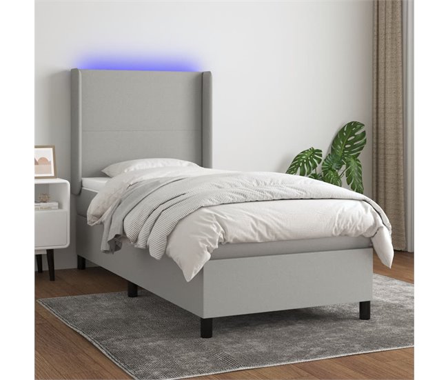 Conforama Cama Box Spring Colchón Y Luces LED Tela Gris Claro 100x200 Cm Diseño Plano