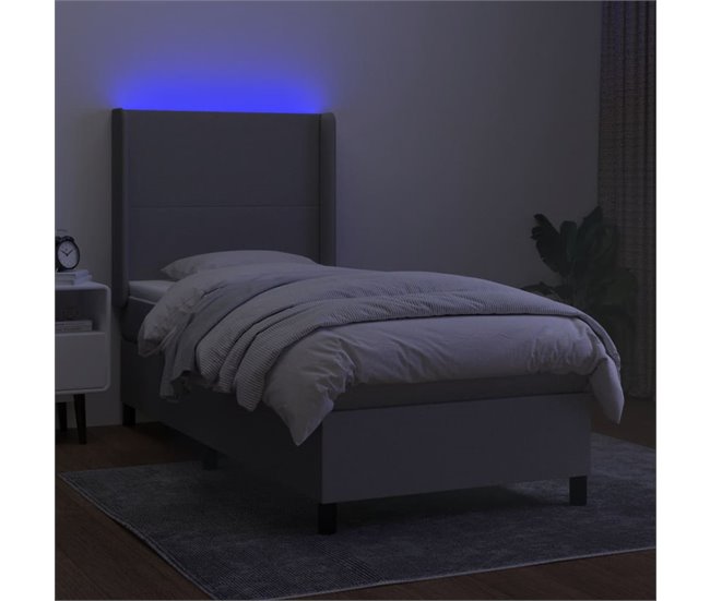 Conforama Cama Box Spring Colchón Y Luces LED Tela Gris Claro 100x200 Cm Diseño Plano