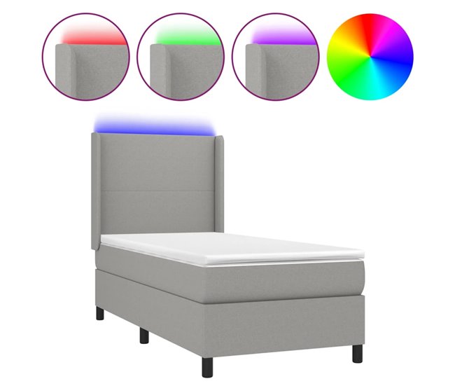 Conforama Cama box spring colchón y luces LED tela gris claro 100x200 cm Diseño plano