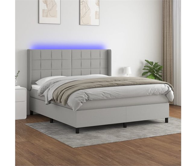 Conforama Cama Box Spring Colchón Y Luces LED Tela Gris Claro 160x200 Cm Bloques Con Cuadros