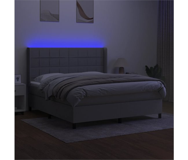 Conforama Cama Box Spring Colchón Y Luces LED Tela Gris Claro 160x200 Cm Bloques Con Cuadros