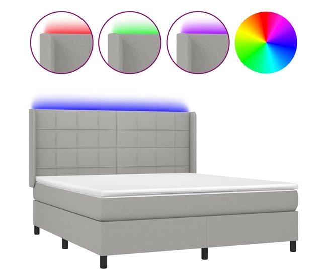 Conforama Cama box spring colchón y luces LED tela gris claro 160x200 cm Bloques con cuadros