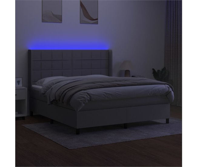 Conforama Cama Box Spring Colchón Y Luces LED Tela Gris Claro 180x200 Cm Bloques Con Cuadros