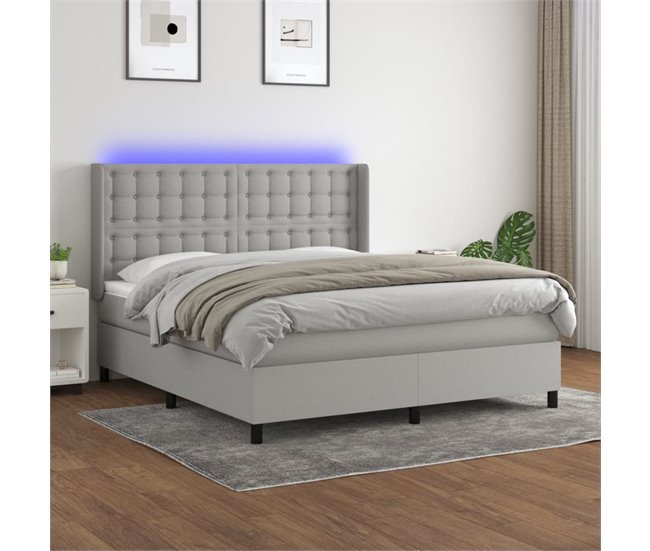 Conforama Cama Box Spring Colchón Y Luces LED Tela Gris Claro 160x200 Cm Botones
