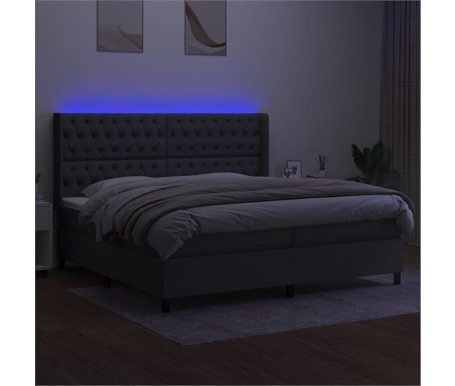 Conforama Cama Box Spring Colchón Y Luces LED Tela Gris Claro 200x200 Cm Diseño De Botones
