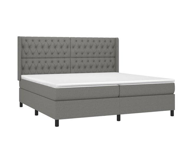 Conforama Cama Box Spring Colchón Y Luces LED Tela Gris Claro 200x200 Cm Diseño De Botones