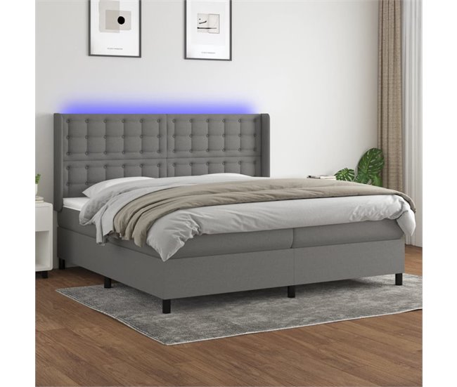 Conforama Cama Box Spring Colchón Y Luces LED Tela Gris Claro 200x200 Cm Botones